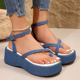 Sandals Womens New Summer Style Retro Denim Thick-soled Brand Designer Casual Gladiator Open-toe Wedge High Heels for Women H240504