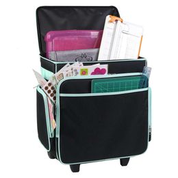 Everything Mary Rolling Craft Bag, Black Teal Papercraft Tote with Wheels Scrapbook & Art Storage - Organizer Case for IRIS Boxes, Supplies, and Accessories