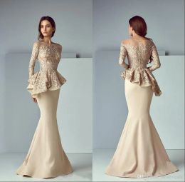 Champagne Lace Stain Peplum Wear Prom Dresses Sheer Neck Sleeve Dubai Arabic Mermaid Long Evening Formal Gowns