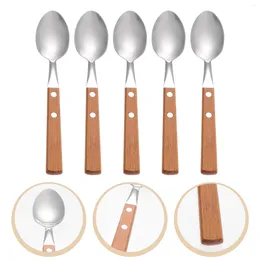 Spoons 5 Pcs 304 Stainless Steel Spoon Silverware Dessert Scoops Kitchen Wood Wooden Handles Western