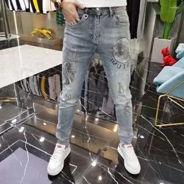 Men's Jeans Trousers Slim Fit Male Cowboy Pants Punk For Men Graphic Tight Pipe Skinny With Rhinestones Print Y2k Vintage 2024 Trend