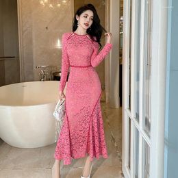 Casual Dresses Hook Flower Hollow Lace Dress Long Sleeve Fashion Slim Trumpet Ankle-length Autumn And Winter Solid Pink