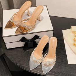 Dress Shoes Summer Women's High-heeled Sandals Sexy Rhinestone Pointed Toe Silver Hollow For Women