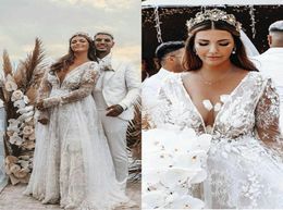 Bohemian Plus Size Wedding Dresses with Long Sleeve 2020 Sexy Deep V Nneck Lace Floral Bohemian Beach Bride Robes Gown vestidos7453493