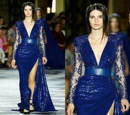 Sexy Pailletten Meerjungfrau Ballkleider 2019 Zuhair Murad Blau Langarm Perlen Oberschenkel Hohe Schlitze Abend Cocktailkleid Roben de so3795229