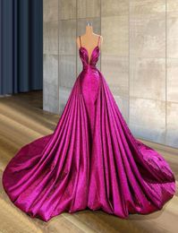 Fuchsia Mermaid Prom Dresses With Detachable Train Spaghetti Straps Court Train Overskirt Evening Gowns Party Dress Special Occass5826064