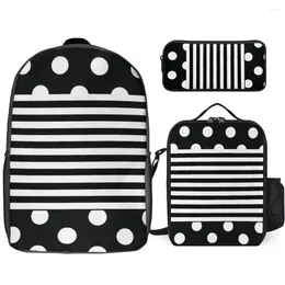 Backpack 3 In 1 Set 17 Inch Lunch Bag Pen Black And White Stripe Firm Rucksack Snug Sports Activities Casual Graphic