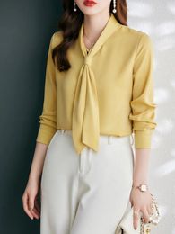 Women's Blouses Korean Fashion Clothing Women Shirt Solid Satin Draped Bow Neck Long Sleeve Yellow Elegant Luxury Female Lady Top 2024