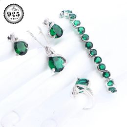 Bracelets 925 Silver Bridal Jewellery Sets Green Cubic Zircon Rings Necklace Pendant Earrings Stones Bracelets Set For Women Wedding Jewellery