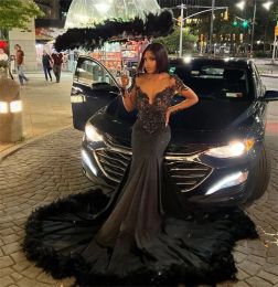 Sexy Feathers Rainstones Prom Dresses Black Girls Women Mermaid Elegant Dress For Birthday Party See Through Gowns