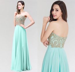 Mint Green Long Sweetheart Chiffon Prom Dresses 2020 Sexy Backless Gold Appliques Chiffon Skirt Evening Dresses Formal Party Gowns8847905