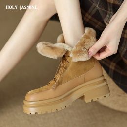Boots 2023 New Popular CrossTied Women Ankle Boots Winter Warm Wool Snow Boots Genuine Leather Thick Heels Casual Outdoor Shoes Woman