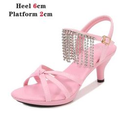 Dress Shoes Stripers Sandals Women Size 43 Thin Heels Fringe Diamonds Chain Summer Colors Peep Toe Sexy Nightclub Party H240321T1EKERWV