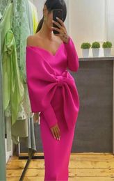 Unique Fuchsia Sheath Satin Evening Dresses with Bow Long Sleeve Off Shoulder V Neck Zipper Back Floor Length Elegant Formal Party5448450