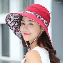 Wide Brim Hats 1Pc Double-sided Sun For Women Simple Flower Print Bow Bucket Hat Foldable Outdoor Sunscreen Beach Caps