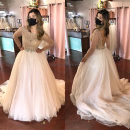 Sparkly Sequin Prom Dresses A Line Scoop Tulle Crystal Beaded Evening Dress Long Sleeve Backless Formal Occasion Party Gowns 2024 Birthday Dress vestidos de noche