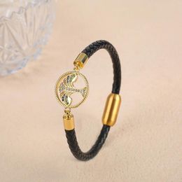 Charm Bracelets Classic Women Tree Of Life Colourful Zircon Bracelet Leather Stainless Steel Bangle For Girls Jewellery Party Friends Gift