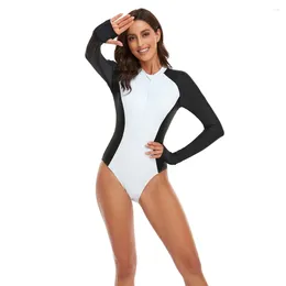 Women's Swimwear Women One Piece Swimsuit Black White High Waist Long Sleeve Elastic Lady