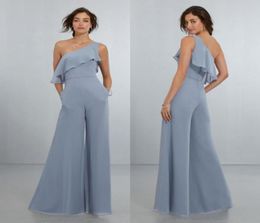 Fashion Jumpsuit Bridesmaid Dresses Ruffled One Shoulder Wedding Guest Dress Floor Length Chiffon Pant Suits Plus Size Maid Of Hon9176950