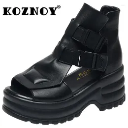 Boots Koznoy 7cm Buckle Women Ethnic Peep Toe Genuine Leathermid Calf Ankle Summer Hollow Breathable Moccasins Designer Shoes