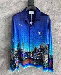 New Product Casablanca Designer Silk Casual Shirt Loose Classic Nightscape City Print Hawaii Beach Hundred Easy Blue Twill Silk Long Sleeved Shirt Casablanc Tops