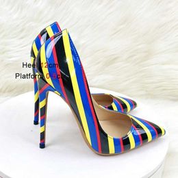 Dress Shoes Sexy Models Thin High Heels Shoe Colourful Striped Shallow Mouth Party Pumps 10CM Colour Matching Pointed Toe Women Footwear H24032501