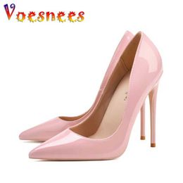 Dress Shoes 2023 Autumn New Womens Pumps Fashion Pointed Toe Slip-On High Heels 12CM Pink Lacquer Leather Work Multiple Heel Heights H240325