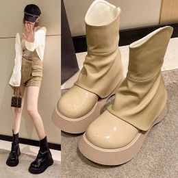 Boots Womens Round Toe Platform Knee Thigh Boots Chunky High Heel Wide Tube Pull On Shoes Retro Chelsea Western New 2023 Winter