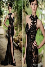 2020 New Elegant Beading Split Evening Dresses Appliqued High Neck Mermaid Sequins Long Prom Dress Real Images Cheap Formal Gowns5691106