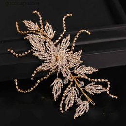 Tiaras Gold Rhinestone Hair Band Bride Crystal Leaf Headband Wedding Accessories Luxury Jewelry Woman Ornaments Party Headpiece Y240320