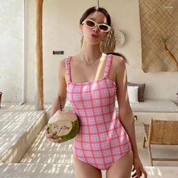 Women's Swimwear Korean Style One Piece Swimsuit Women Pink/Blue Print Plaid Bathing Suit Sexy Lady Monokini Beachwear 2024