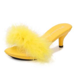 Dress Shoes Solid Color Feather Fairy Slippers Summer Transparent Sandals Thin High Heels Sexy Fur Crystal 6cm Low Heel Derss WomenZU2R H240321