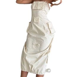 Oem High Street Casual Midi Skirt Multi-pocket Womens Off-the-shoulder Drawstring Fashion Beige Sweatshirt Cargo Dress