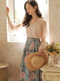 Work Dresses SWEETXUE Summer Suit Female French Retro Pink Blouse Inner Suspenders Oil Painting Pleated Skirt Fashion Elegant 2-Piece Set