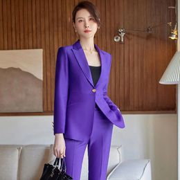 Women's Two Piece Pants Suit Female Purple Long Sleeve Tooling Temperament Bank Manager Interview Business Wear Formal Small Overalls