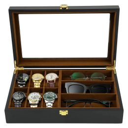 Cases Watch Organiser Box,6 Watch 3 Slots Sunglasses Wooden Watch Organiser Box with Real Glass Top,Perfect Gifts for Family or Friend