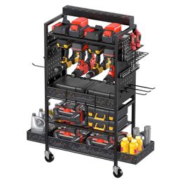 CCCEI Garage Power Organiser with Charging Station, Black Floor Standing Rolling Drill and Tools Battery Storage Cart on Wheels. Utility Rack Gift for Men,