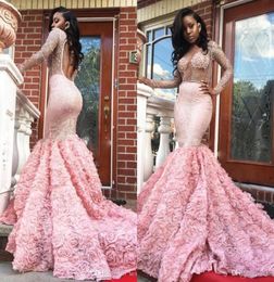 Gorgeous 2k17 Pink Long Sleeve Prom Dresses Sexy See Through Long Sleeves Open Back Mermaid Evening Gowns South African Formal Par1126804