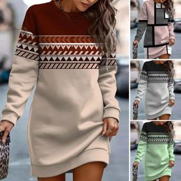 Casual Dresses Women's Dress Fashion Geometric Print Retro Mini For Female Colour Block Pullover With Long Sleeves Sweatshirts