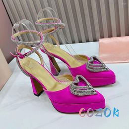 Sandals Sexy Women's Rose-red Heart-shaped Crystal Buckle Platform High-heel Silk Pointed Toe Ankle Strap Dress Shoes