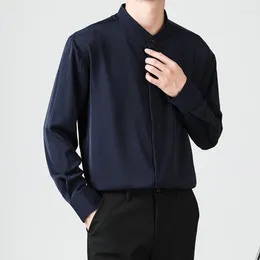 Men's Casual Shirts Stand Collar Men Korean Style Long Sleeve Non Ironing Easy Care Button Shirt Professional Work Sunscreen Ice Silk