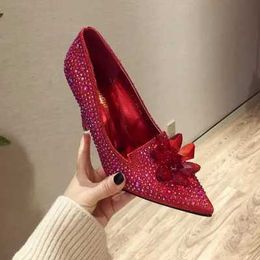 Dress Shoes 2020 Pointed toe shallow mouth fashionable womens shoes High Heels 11CM Crystal Silver Female Party Wedding RedQ31P H240321