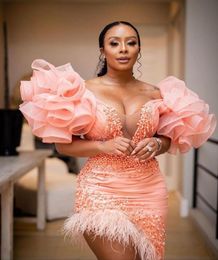 2021 Plus Size Arabic Aso Ebi Pink Stylish Luxurious Prom Dresses Pearls Sheath Feather Evening Formal Party Second Reception Gown3982520