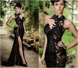 2021 Black Rami Salamoun Split Prom Dresses Long Appliqued Sheer High Neck Beading Mermaid Formal Evening Gowns Real Image Cheap P4525991