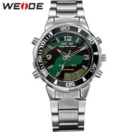 WEIDE Mens Sports Army Stopwatch Steel Strap Quartz Military LED Alarm Luminous Analogue Digital Wristwatches relogios masculino201n