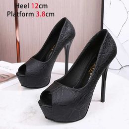 Dress Shoes Spring Autumn New Embossed Super High Sexy Nightclub Womens Pumps 2021 Fashion Fish Mouth Red Sole Career Office Single H240321