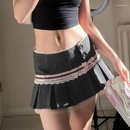 Skirts Y2K Academic Style Stripe Print Pleated Skirt Aesthetic Lace Patchwork High-waist 2024 Streetwear Cute Sweet