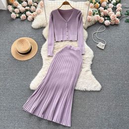 Work Dresses Elegant Skirt Suits For Women Solid V-neck Short Knitting Cardigan High Waist Slim Mermaid Skirts Two Pieces Lady Commute Sets