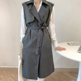 Women's Vests Mid-length Female Grey Trench Coat Waistcoat With Sashes Spring Autumn 2024 Korean Women Double Breasted Lapel Sleeveless Vest