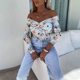 Women's Blouses Sexy Deep V-neck Kink Hollow Blouse Women Spring Floral Print Slim Bandage Top Pullover Autumn Long Sleeve Office Lady Shirt
